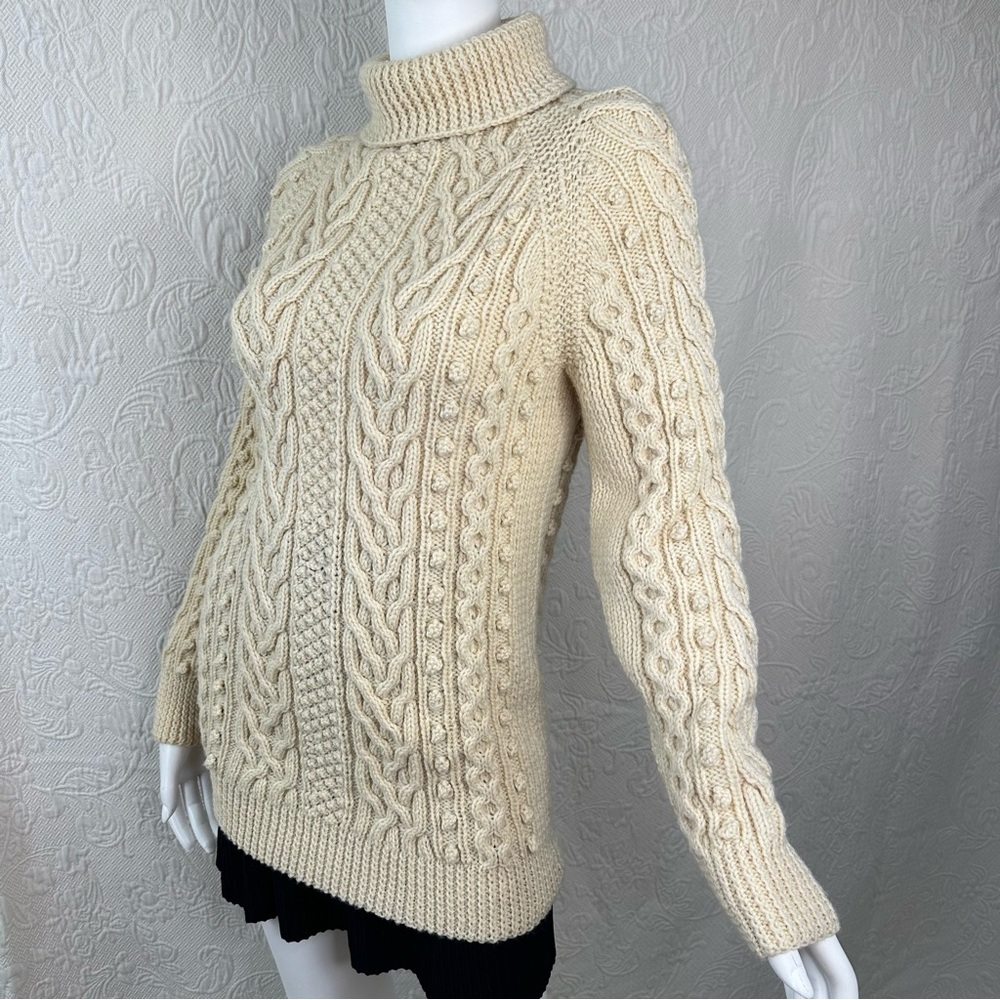Vintage Hand Knit Wool Extra Long Aran Fisherman Knit Turtleneck Cable Sweater - Picture 2 of 12